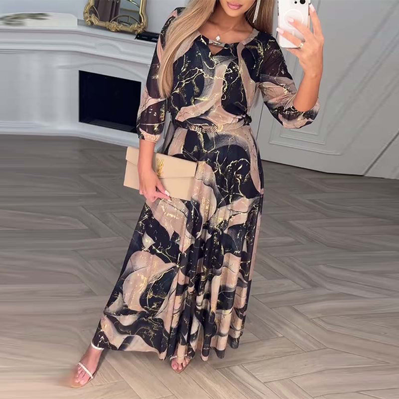 Robe Élégante Manche Trois-Quarts Imprimée Taille