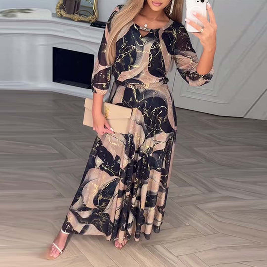 Robe Élégante Manche Trois-Quarts Imprimée Taille