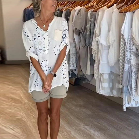 Blouse Polyvalente Col En V Imprimée Manches Mi-Longues