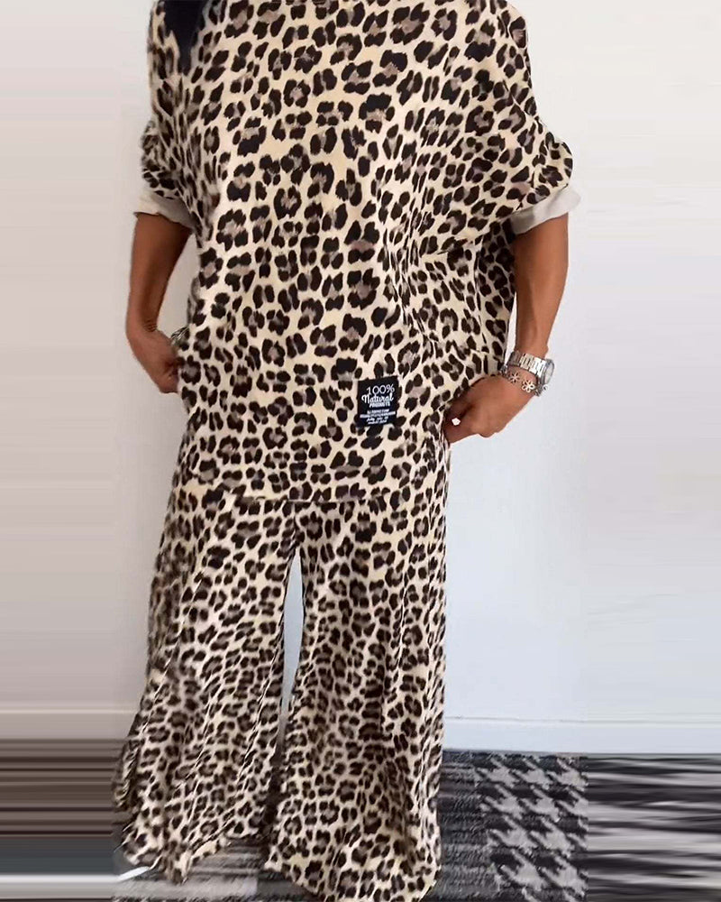 Ensemble décontracté à imprimé léopard avec haut ras du cou et poche, pantalon à jambe large