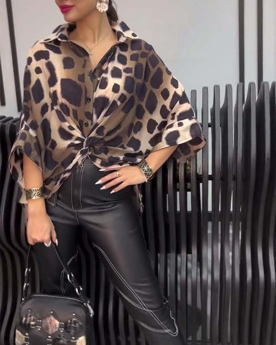 Blouse de tempérament imprimé léopard à revers