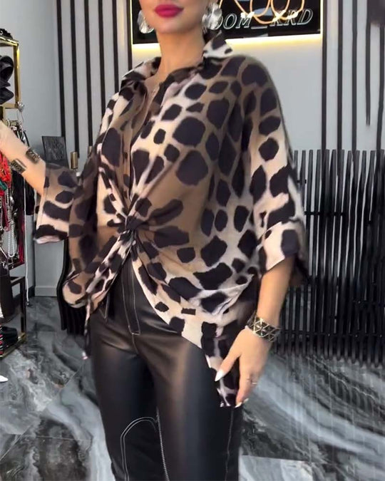 Blouse de tempérament imprimé léopard à revers