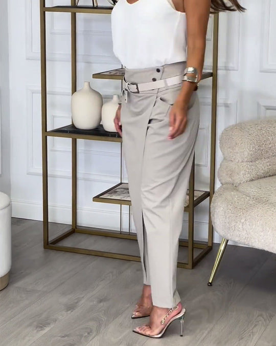 Pantalon patchwork irrégulier à poches de couleur unie à la mode