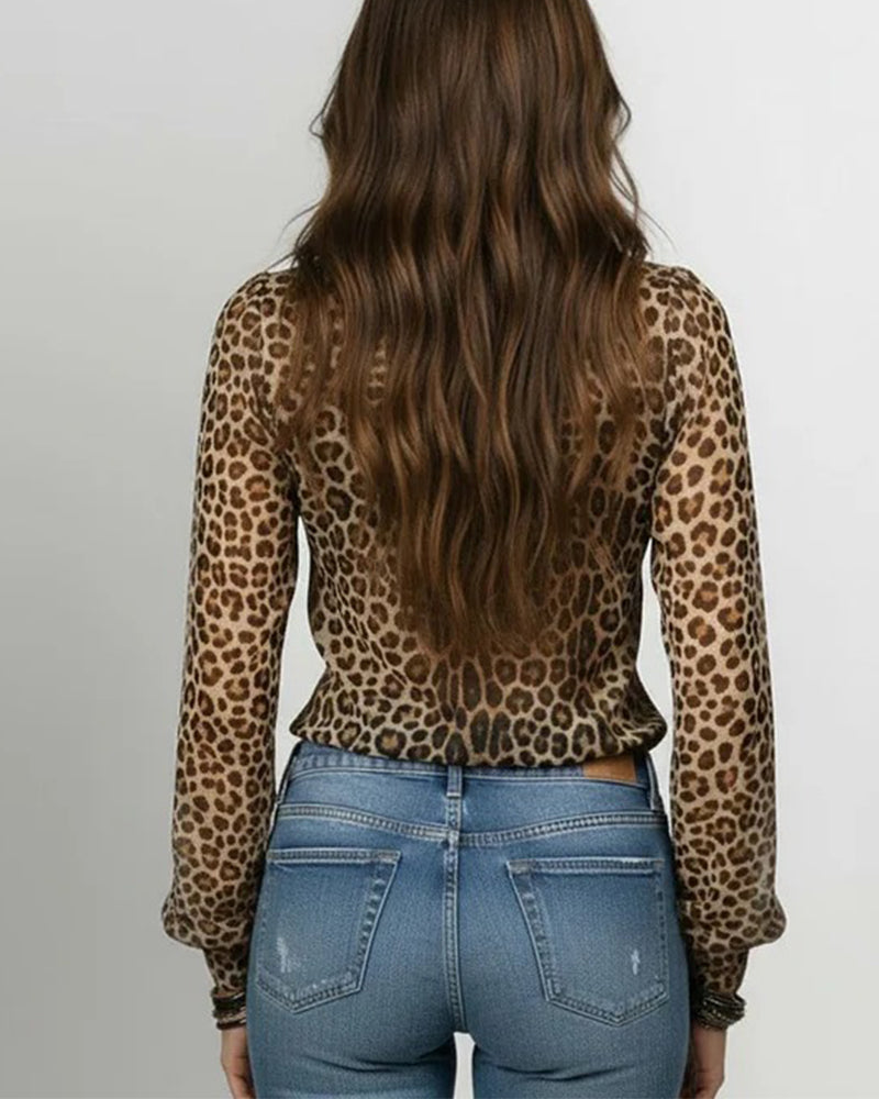 Blouse À Volants Col En V Imprimé Léopard