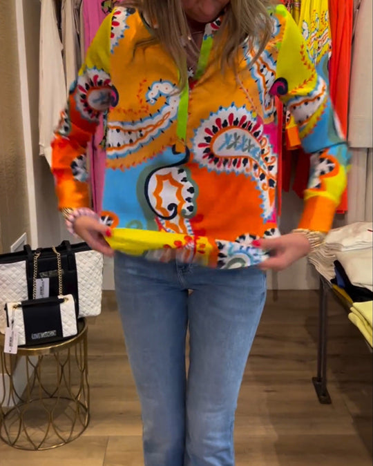 Blouse manches longues col V imprimé coloré