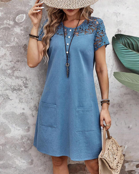 Robe de poche de couleur unie avec manches courtes en dentelle creuse