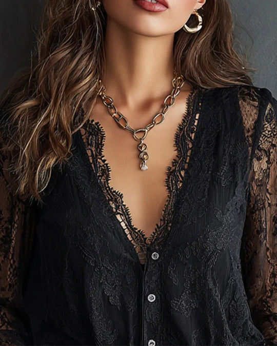 Blouse À Manches Longues En Dentelle Avec Col En V