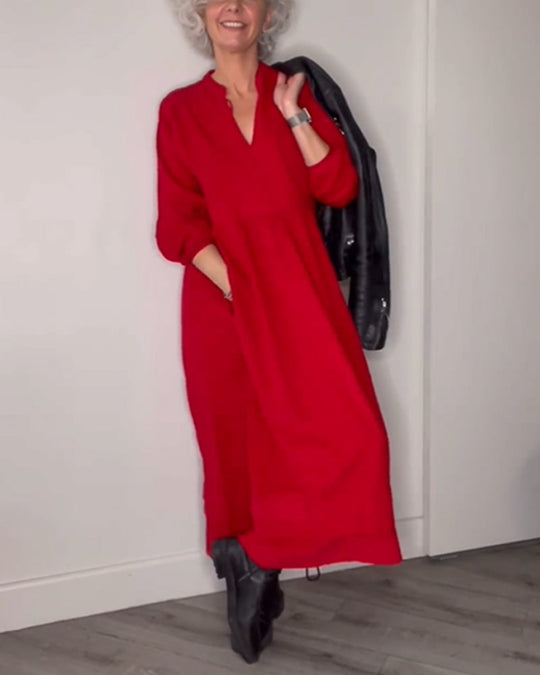 Robe élégante à col en V et manches longues