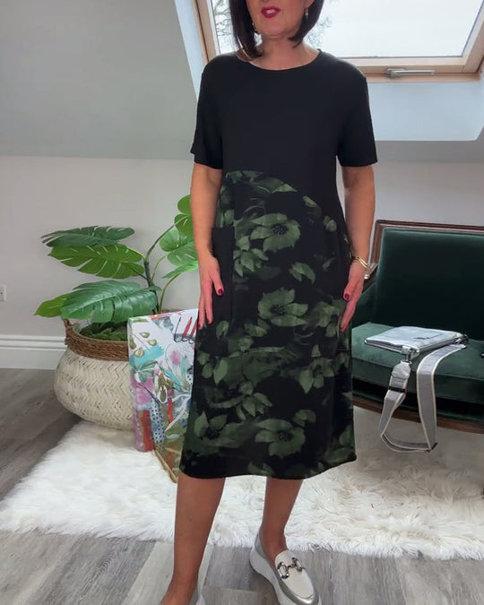 Robe patchwork décontractée à imprimé floral et col rond