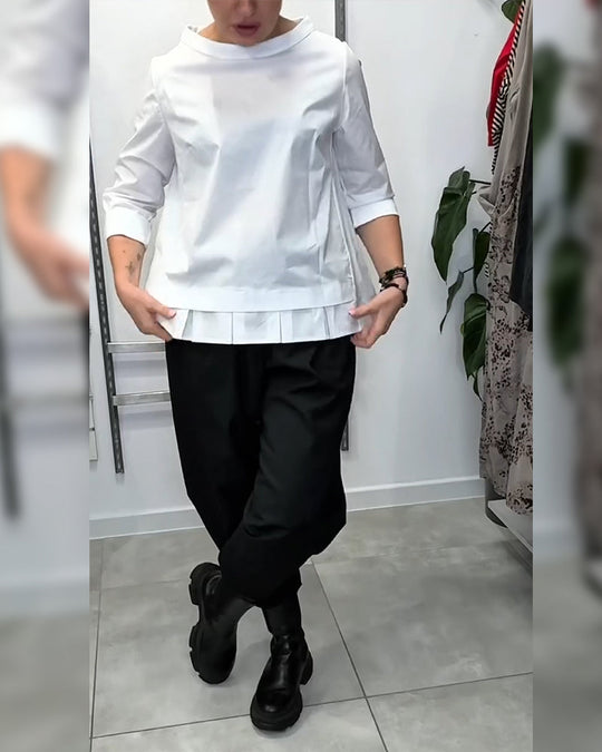 100% Coton Blouse Col Large Couleur Unie Décontracté