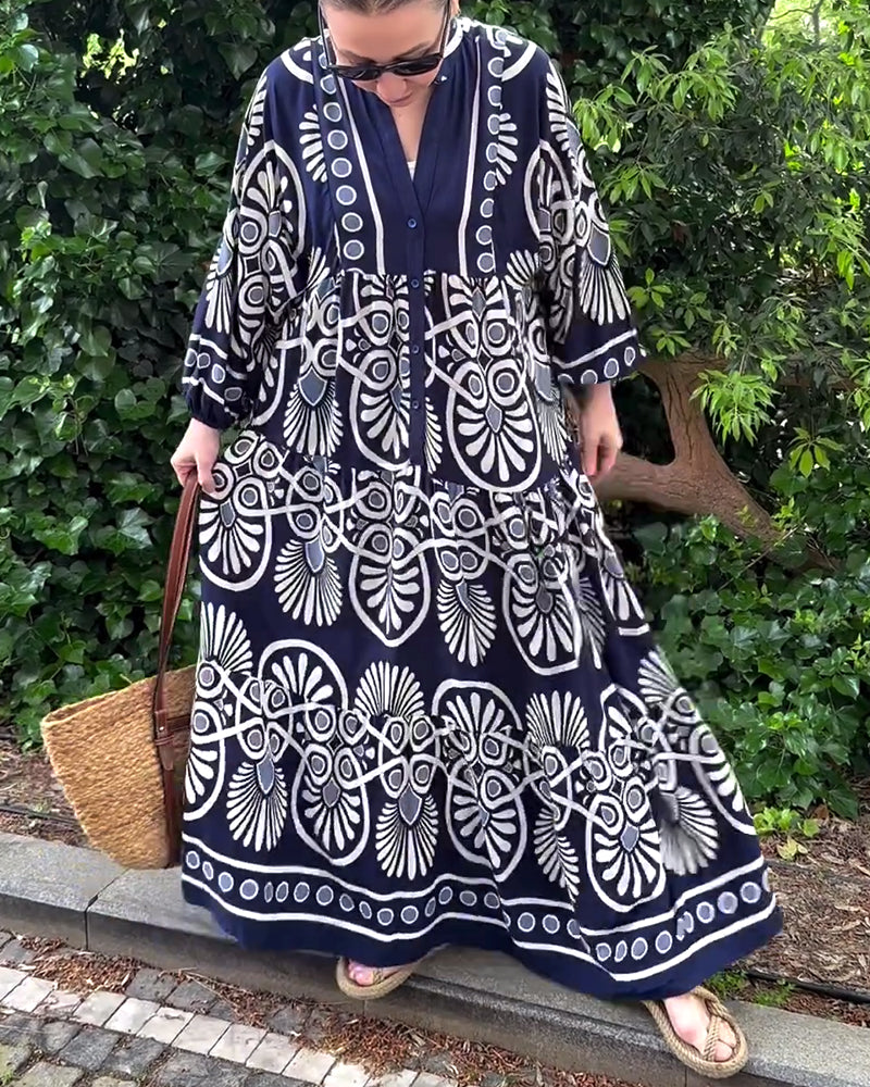 Robe décontractée à manches longues à imprimé rétro