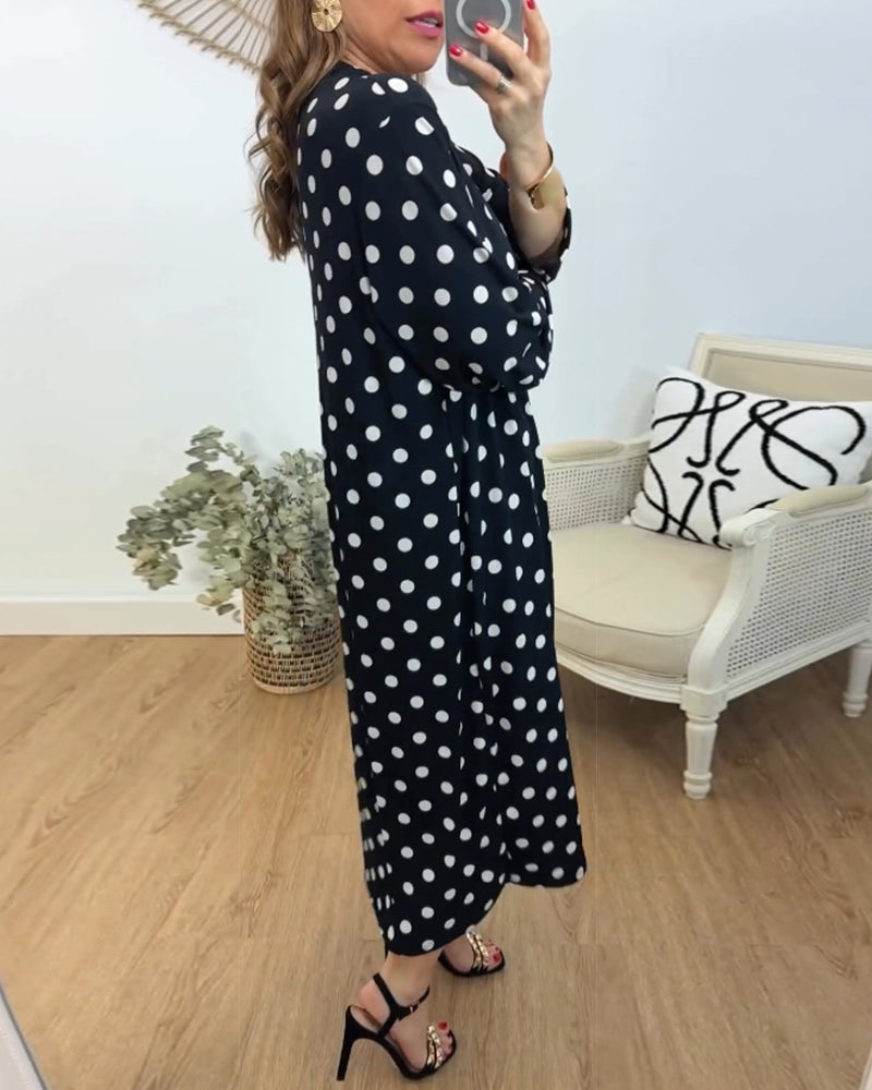 Robe à col V, coupe ample et à pois
