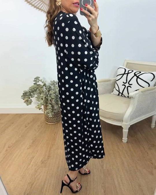 Robe à col V, coupe ample et à pois