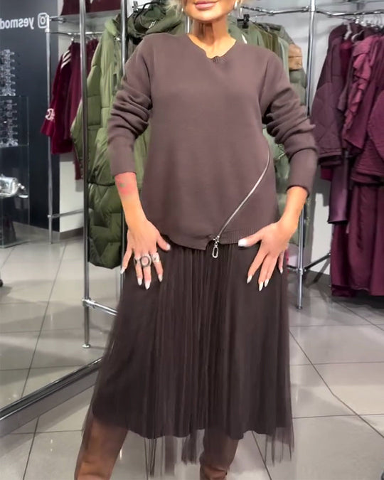 Ensemble Stylé Avec Pull À Col Rond Et Détail Zippé
