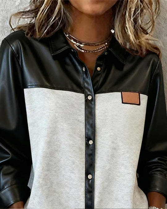 Chemise En Cuir Patchwork À Revers