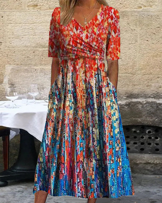 Robe de villégiature imprimée avec poches et col en V