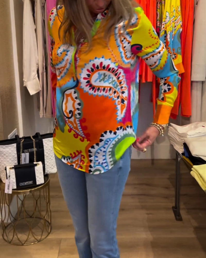 Blouse manches longues col V imprimé coloré