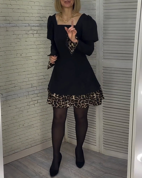 Robe élégante à manches bouffantes et imprimé léopard