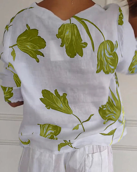 Haut boutonné en coton et lin imprimé fleuri
